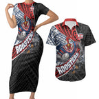 Sydney Roosters Rugby Mascot Couples Matching Short Sleeve Bodycon Dress and Hawaiian Shirt Tribal Polynesian Power Art - Lightning Mascot