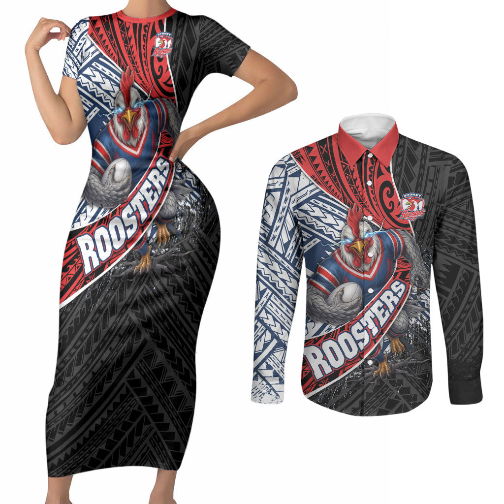 Sydney Roosters Rugby Mascot Couples Matching Short Sleeve Bodycon Dress and Long Sleeve Button Shirt Tribal Polynesian Power Art - Lightning Mascot