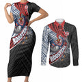 Sydney Roosters Rugby Mascot Couples Matching Short Sleeve Bodycon Dress and Long Sleeve Button Shirt Tribal Polynesian Power Art - Lightning Mascot