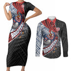 Sydney Roosters Rugby Mascot Couples Matching Short Sleeve Bodycon Dress and Long Sleeve Button Shirt Tribal Polynesian Power Art - Lightning Mascot
