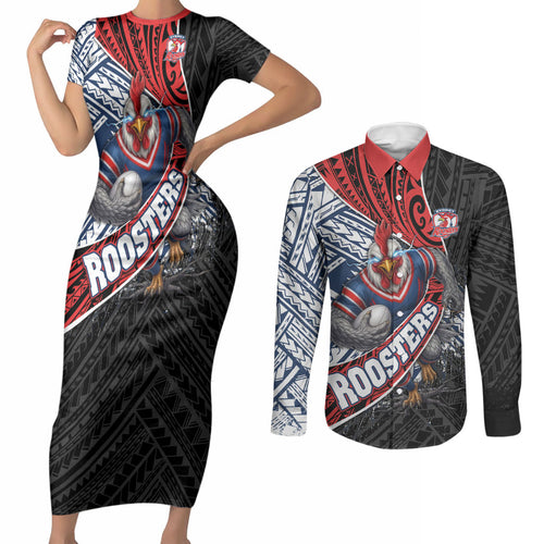 Sydney Roosters Rugby Mascot Couples Matching Short Sleeve Bodycon Dress and Long Sleeve Button Shirt Tribal Polynesian Power Art - Lightning Mascot