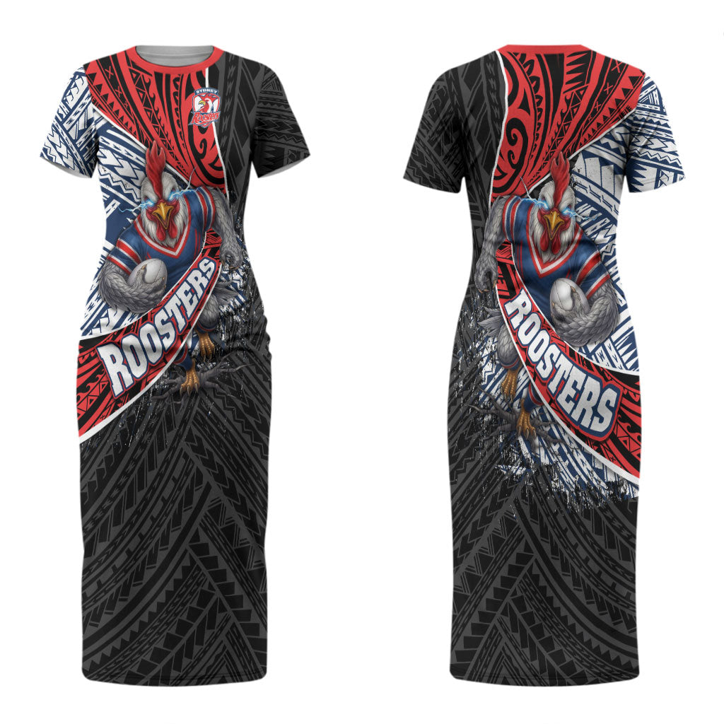 Sydney Roosters Rugby Mascot Couples Matching Short Sleeve Bodycon Dress and Long Sleeve Button Shirt Tribal Polynesian Power Art - Lightning Mascot