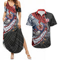 Sydney Roosters Rugby Mascot Couples Matching Summer Maxi Dress and Hawaiian Shirt Tribal Polynesian Power Art - Lightning Mascot