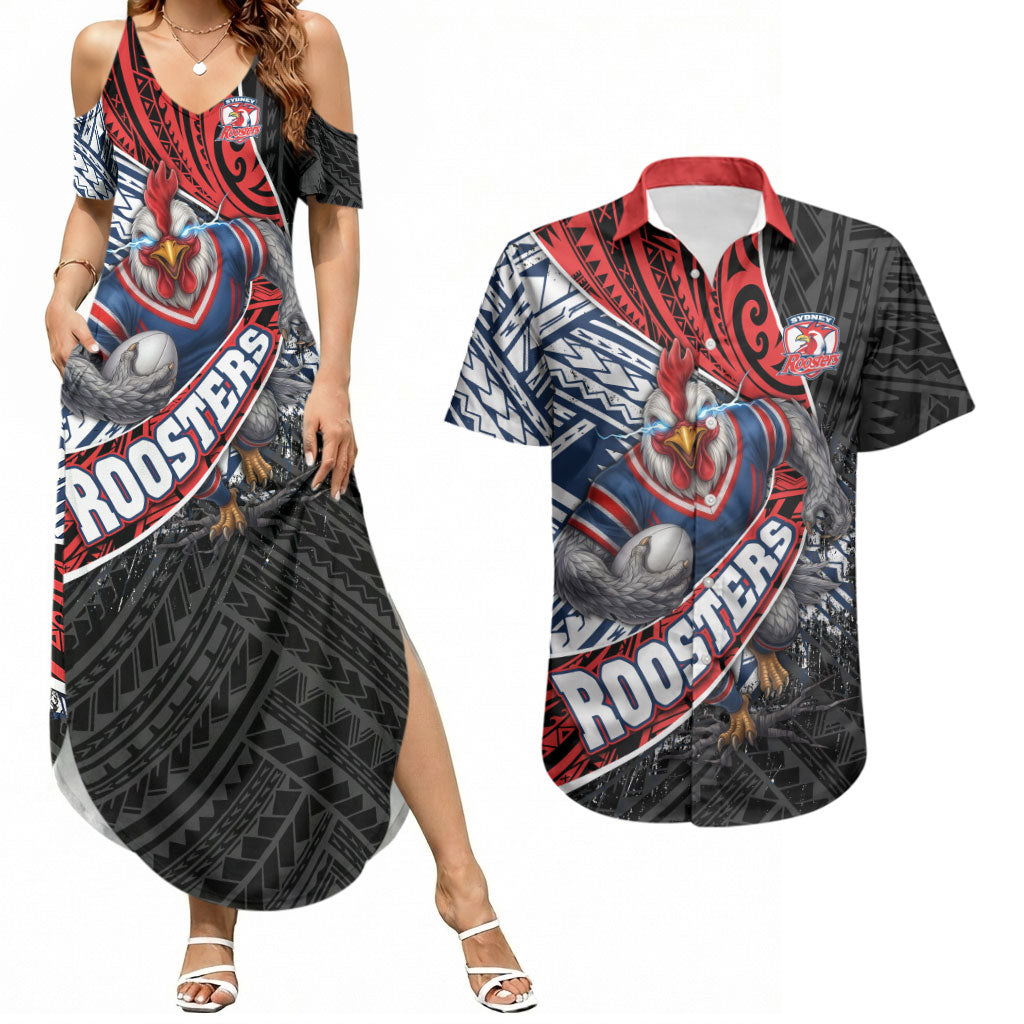 Sydney Roosters Rugby Mascot Couples Matching Summer Maxi Dress and Hawaiian Shirt Tribal Polynesian Power Art - Lightning Mascot