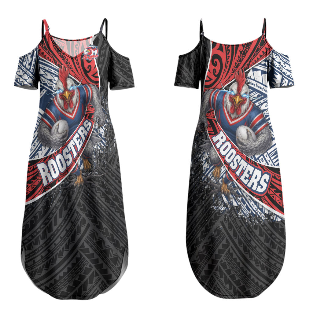 Sydney Roosters Rugby Mascot Couples Matching Summer Maxi Dress and Hawaiian Shirt Tribal Polynesian Power Art - Lightning Mascot