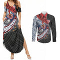 Sydney Roosters Rugby Mascot Couples Matching Summer Maxi Dress and Long Sleeve Button Shirt Tribal Polynesian Power Art - Lightning Mascot