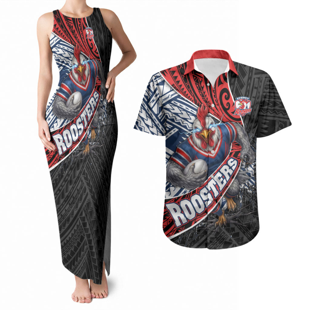 Sydney Roosters Rugby Mascot Couples Matching Tank Maxi Dress and Hawaiian Shirt Tribal Polynesian Power Art - Lightning Mascot