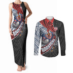 Sydney Roosters Rugby Mascot Couples Matching Tank Maxi Dress and Long Sleeve Button Shirt Tribal Polynesian Power Art - Lightning Mascot