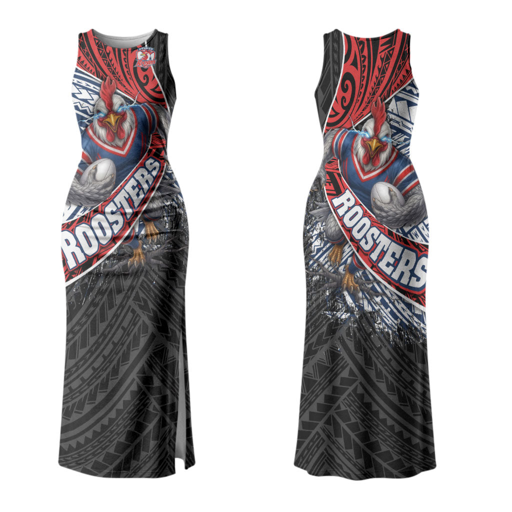 Sydney Roosters Rugby Mascot Couples Matching Tank Maxi Dress and Long Sleeve Button Shirt Tribal Polynesian Power Art - Lightning Mascot