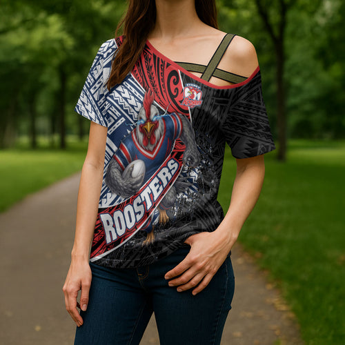 Sydney Roosters Rugby Mascot Cross Shoulder Shirt Tribal Polynesian Power Art - Lightning Mascot