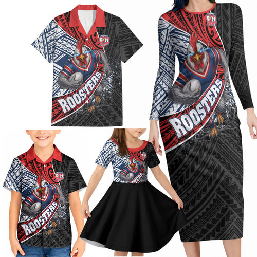 Sydney Roosters Rugby Mascot Family Matching Long Sleeve Bodycon Dress and Hawaiian Shirt Tribal Polynesian Power Art - Lightning Mascot