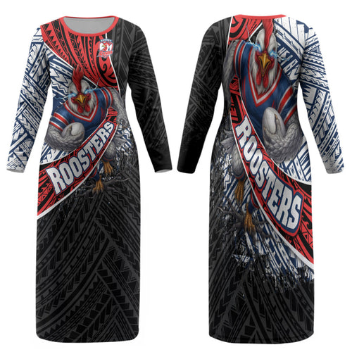 Sydney Roosters Rugby Mascot Family Matching Long Sleeve Bodycon Dress and Hawaiian Shirt Tribal Polynesian Power Art - Lightning Mascot
