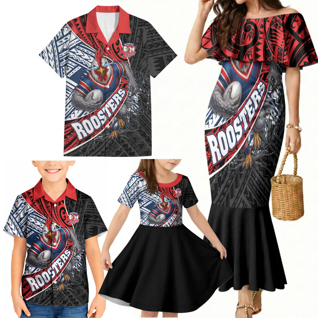 Sydney Roosters Rugby Mascot Family Matching Mermaid Dress and Hawaiian Shirt Tribal Polynesian Power Art - Lightning Mascot