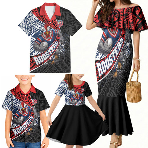 Sydney Roosters Rugby Mascot Family Matching Mermaid Dress and Hawaiian Shirt Tribal Polynesian Power Art - Lightning Mascot