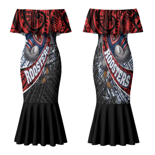 Sydney Roosters Rugby Mascot Family Matching Mermaid Dress and Hawaiian Shirt Tribal Polynesian Power Art - Lightning Mascot