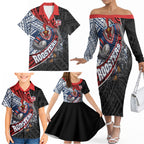 Sydney Roosters Rugby Mascot Family Matching Off The Shoulder Long Sleeve Dress and Hawaiian Shirt Tribal Polynesian Power Art - Lightning Mascot