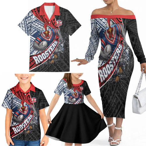 Sydney Roosters Rugby Mascot Family Matching Off The Shoulder Long Sleeve Dress and Hawaiian Shirt Tribal Polynesian Power Art - Lightning Mascot