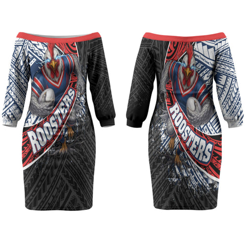 Sydney Roosters Rugby Mascot Family Matching Off The Shoulder Long Sleeve Dress and Hawaiian Shirt Tribal Polynesian Power Art - Lightning Mascot