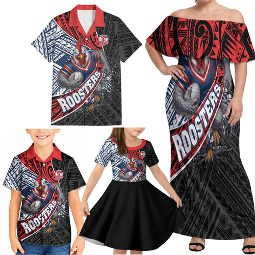 Sydney Roosters Rugby Mascot Family Matching Off Shoulder Maxi Dress and Hawaiian Shirt Tribal Polynesian Power Art - Lightning Mascot