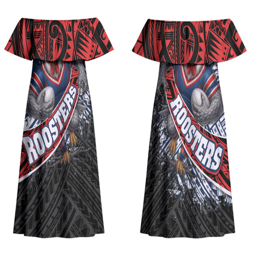 Sydney Roosters Rugby Mascot Family Matching Off Shoulder Maxi Dress and Hawaiian Shirt Tribal Polynesian Power Art - Lightning Mascot