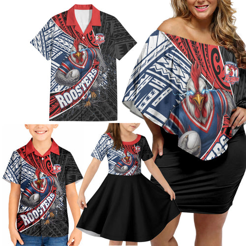 Sydney Roosters Rugby Mascot Family Matching Off Shoulder Short Dress and Hawaiian Shirt Tribal Polynesian Power Art - Lightning Mascot
