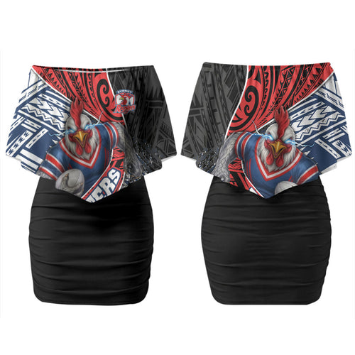 Sydney Roosters Rugby Mascot Family Matching Off Shoulder Short Dress and Hawaiian Shirt Tribal Polynesian Power Art - Lightning Mascot