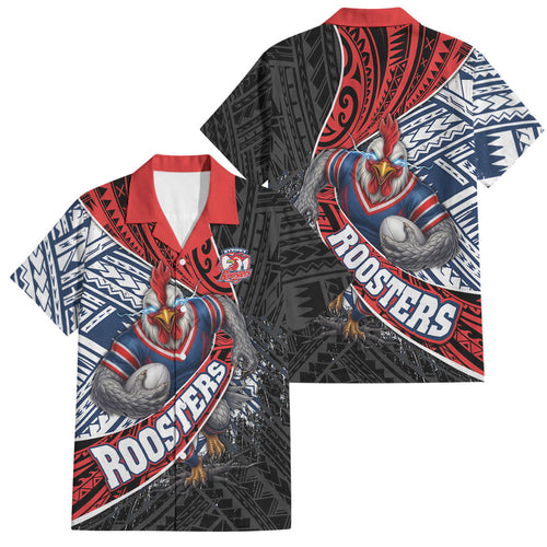 Sydney Roosters Rugby Mascot Family Matching Off Shoulder Short Dress and Hawaiian Shirt Tribal Polynesian Power Art - Lightning Mascot