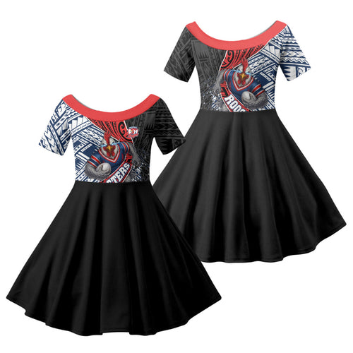 Sydney Roosters Rugby Mascot Family Matching Off Shoulder Short Dress and Hawaiian Shirt Tribal Polynesian Power Art - Lightning Mascot