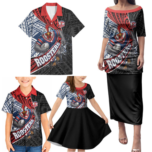 Sydney Roosters Rugby Mascot Family Matching Puletasi and Hawaiian Shirt Tribal Polynesian Power Art - Lightning Mascot