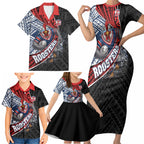 Sydney Roosters Rugby Mascot Family Matching Short Sleeve Bodycon Dress and Hawaiian Shirt Tribal Polynesian Power Art - Lightning Mascot