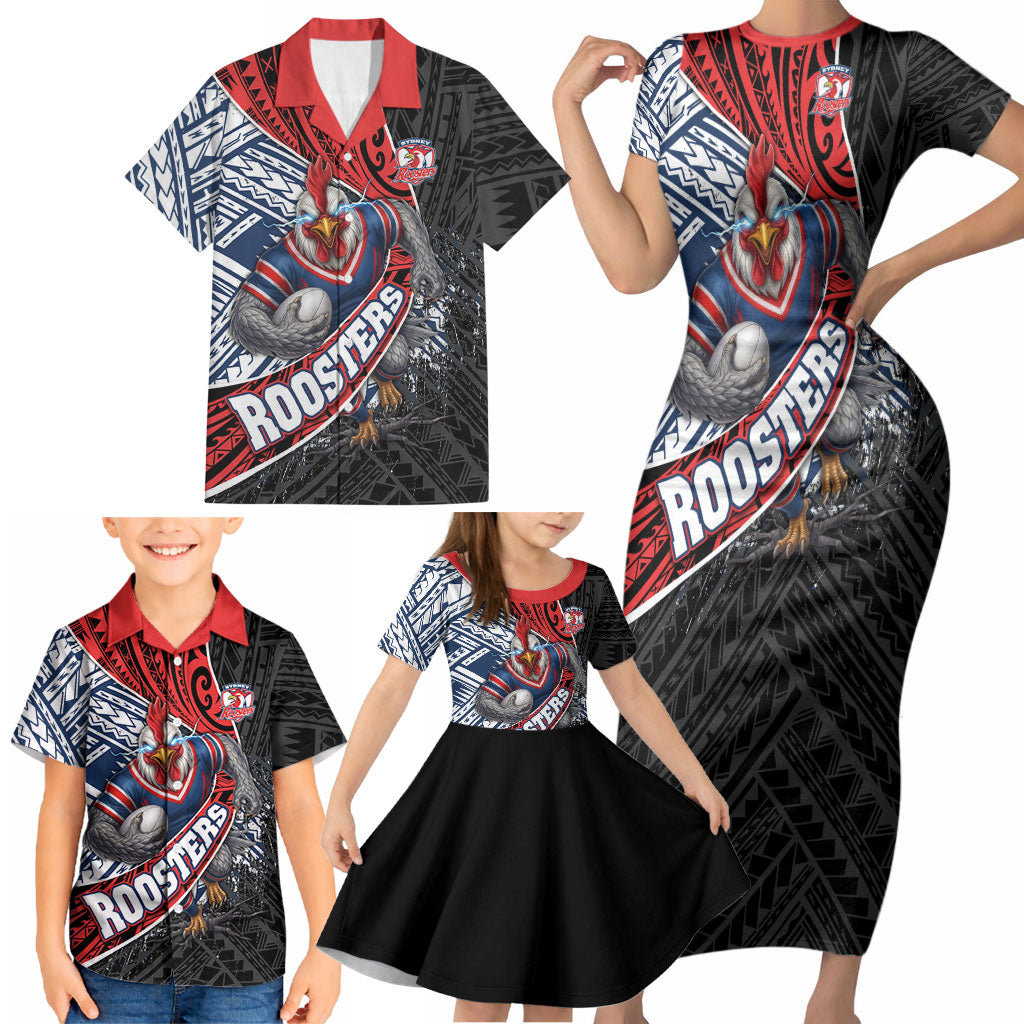 Sydney Roosters Rugby Mascot Family Matching Short Sleeve Bodycon Dress and Hawaiian Shirt Tribal Polynesian Power Art - Lightning Mascot
