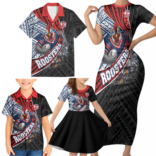 Sydney Roosters Rugby Mascot Family Matching Short Sleeve Bodycon Dress and Hawaiian Shirt Tribal Polynesian Power Art - Lightning Mascot