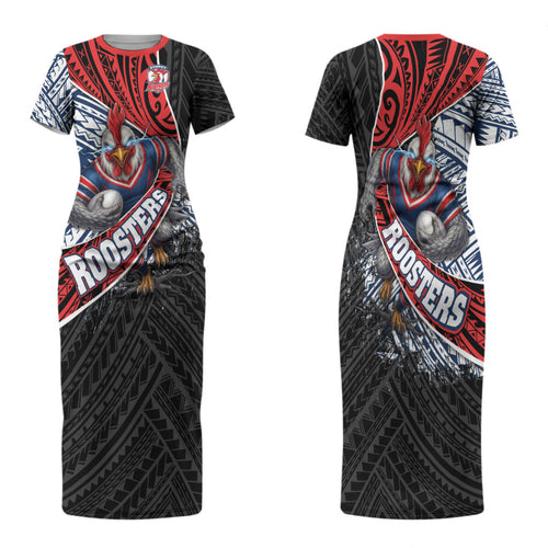 Sydney Roosters Rugby Mascot Family Matching Short Sleeve Bodycon Dress and Hawaiian Shirt Tribal Polynesian Power Art - Lightning Mascot