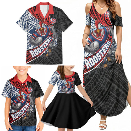 Sydney Roosters Rugby Mascot Family Matching Summer Maxi Dress and Hawaiian Shirt Tribal Polynesian Power Art - Lightning Mascot
