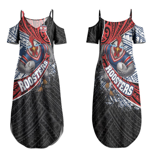 Sydney Roosters Rugby Mascot Family Matching Summer Maxi Dress and Hawaiian Shirt Tribal Polynesian Power Art - Lightning Mascot