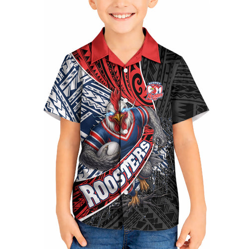 Sydney Roosters Rugby Mascot Kid Hawaiian Shirt Tribal Polynesian Power Art - Lightning Mascot