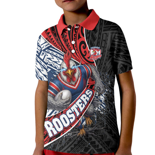 Sydney Roosters Rugby Mascot Kid Polo Shirt Tribal Polynesian Power Art - Lightning Mascot