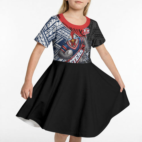 Sydney Roosters Rugby Mascot Kid Short Sleeve Dress Tribal Polynesian Power Art - Lightning Mascot
