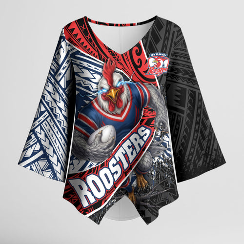 Sydney Roosters Rugby Mascot Kimono Sleeve Blouse Tribal Polynesian Power Art - Lightning Mascot