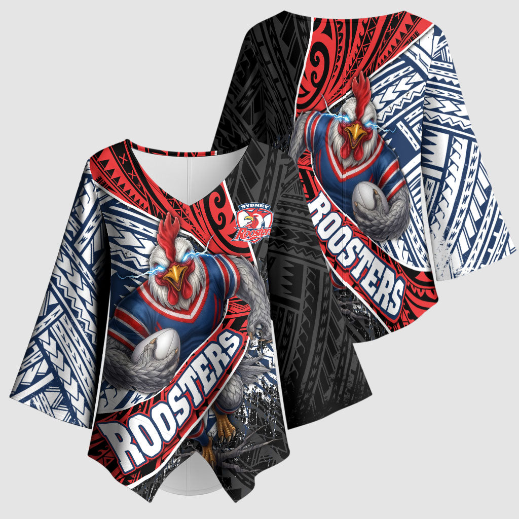 Sydney Roosters Rugby Mascot Kimono Sleeve Blouse Tribal Polynesian Power Art - Lightning Mascot