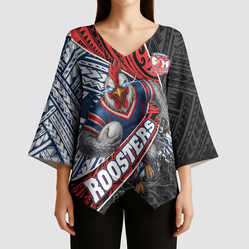 Sydney Roosters Rugby Mascot Kimono Sleeve Blouse Tribal Polynesian Power Art - Lightning Mascot
