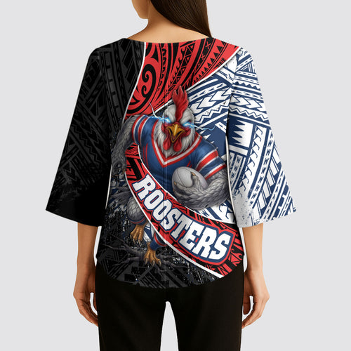Sydney Roosters Rugby Mascot Kimono Sleeve Blouse Tribal Polynesian Power Art - Lightning Mascot