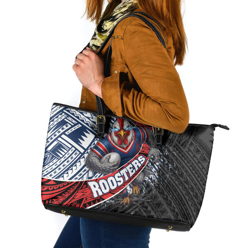 Sydney Roosters Rugby Mascot Leather Tote Bag Tribal Polynesian Power Art - Lightning Mascot