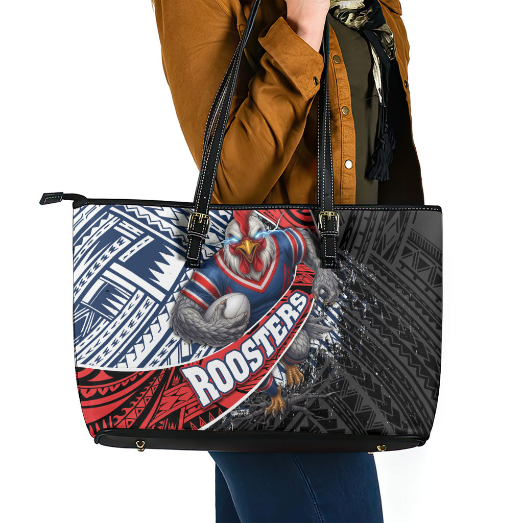 Sydney Roosters Rugby Mascot Leather Tote Bag Tribal Polynesian Power Art - Lightning Mascot