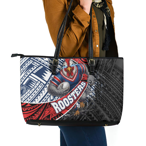 Sydney Roosters Rugby Mascot Leather Tote Bag Tribal Polynesian Power Art - Lightning Mascot