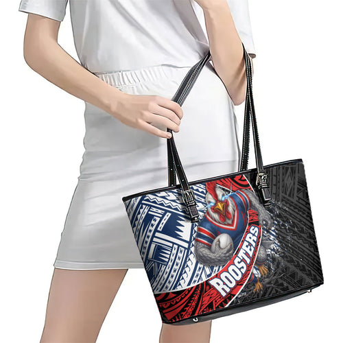 Sydney Roosters Rugby Mascot Leather Tote Bag Tribal Polynesian Power Art - Lightning Mascot