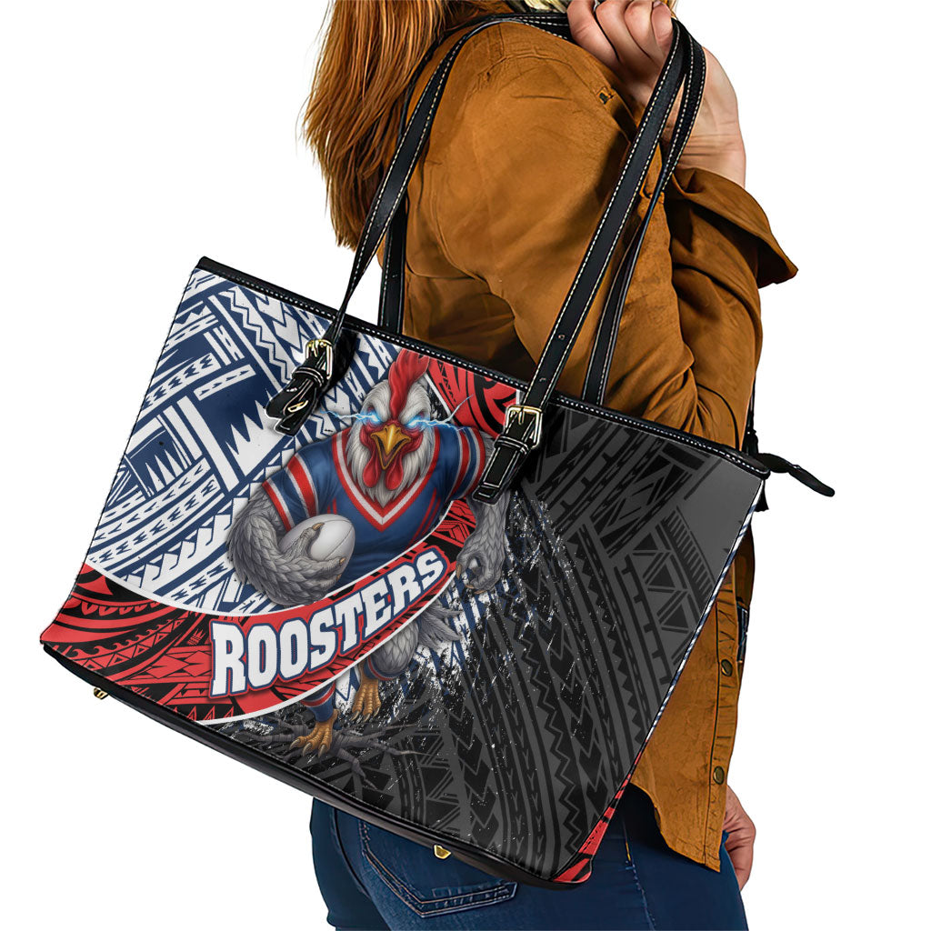 Sydney Roosters Rugby Mascot Leather Tote Bag Tribal Polynesian Power Art - Lightning Mascot