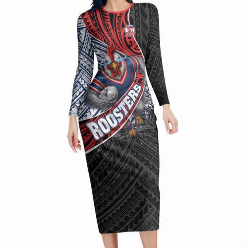 Sydney Roosters Rugby Mascot Long Sleeve Bodycon Dress Tribal Polynesian Power Art - Lightning Mascot