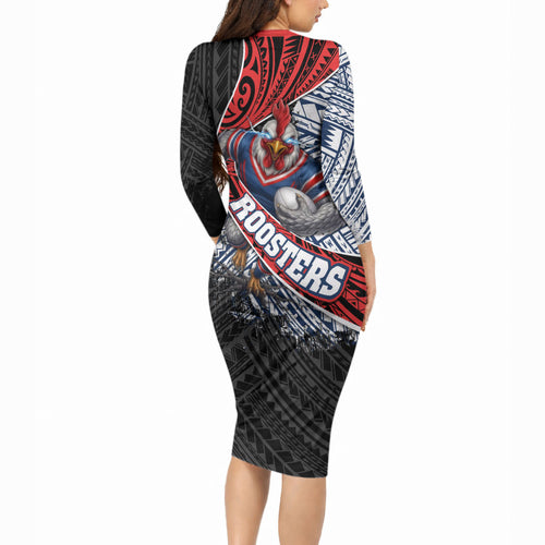 Sydney Roosters Rugby Mascot Long Sleeve Bodycon Dress Tribal Polynesian Power Art - Lightning Mascot