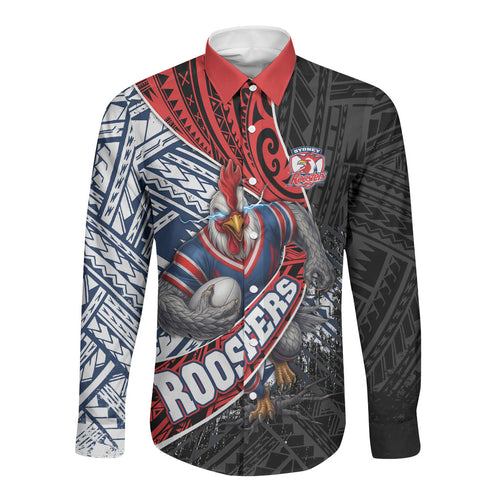 Sydney Roosters Rugby Mascot Long Sleeve Button Shirt Tribal Polynesian Power Art - Lightning Mascot